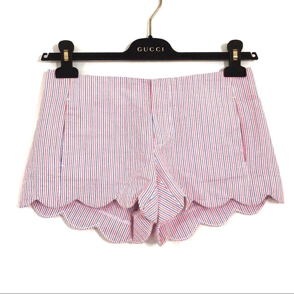 Lilly Pulitzer Patti Scallop Hem Seersucker 100% Cotton Shorts Red White Blue 00